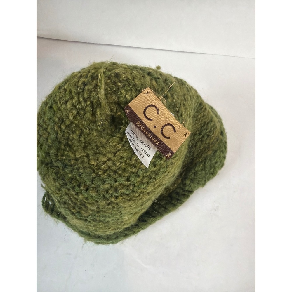 Green Knit Beanie with Crochet Flower Detail Boho Winter Cap Olive Textured Hat - Picture 3 of 3